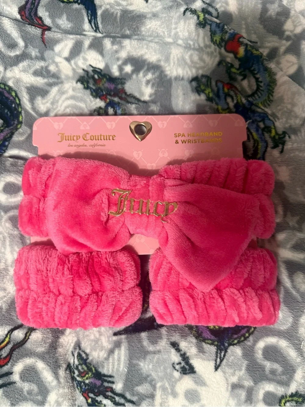 Juicy Couture Bright Pink Plush Spa Headband with Matching Wristbands